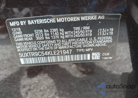 2019 BMW X3 xDrive30I from USA, damaged, VIN 5UXTR9C54KLE21947
